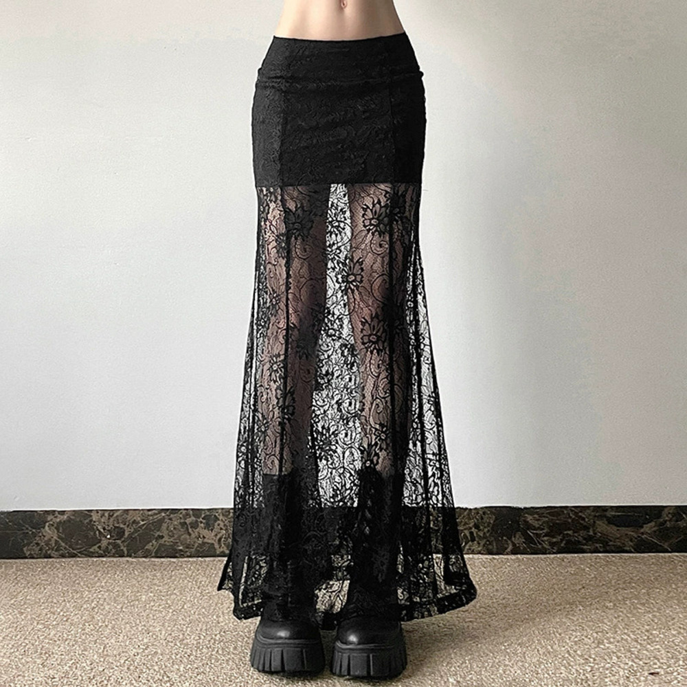 Zara Summer Black Lace Sheer Floor Length Maxi Skirt